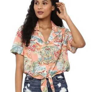 American Eagle Beachy Tie Front Hawaiian Shirt Womens‎ Small Camp Resort Aloha